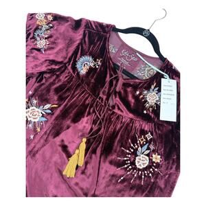 Kyla Seo Isla Embroidered Dress Oxblood Burgundy Boho Festival  Velvet NWT S